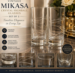 Vintage Mikasa Crystal Highball Glasses Swirl Cut Heavy Base Tumblers – Set of 2