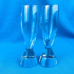Nambe TILT two Champagne Flutes 7.5” Heavy Base Tilts Hard to Find Tiny Chip