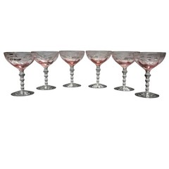 SET OF 6 VTG PINK DEPRESSION GLASS CHAMPAGNE / SHERBET ETCHED OPTIC FANCY STEM