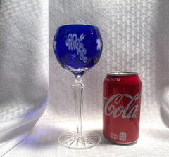 AJKA GRAPES WINE GLASS CASED COBALT BLUE CUT TO CLEAR CRYSTAL BOHEMIAN HUNGARY