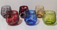 Vintage Multi-Color Cut-to-Clear Crystal Stemless Glasses/Tumblers, Set of 6