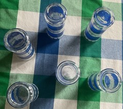 6 Vintage Anchor Hocking Tall Drinking Glasses Blue & White Polka Dots & Lace