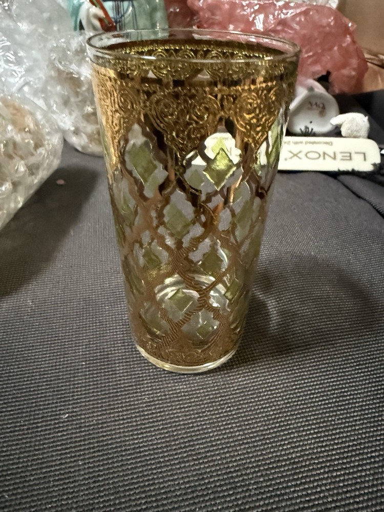 MCM 8 Culver Valencia 12-oz Glasses 22K Gold Green Diamond Pattern 1 Lowball
