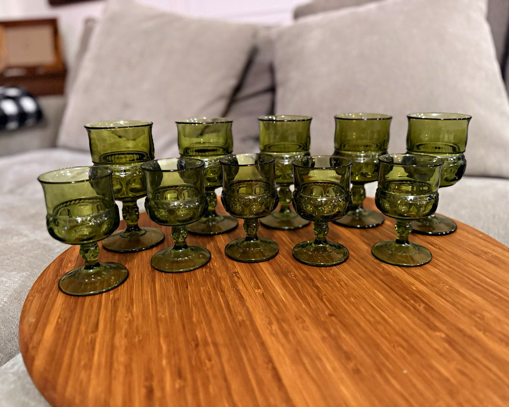 Vintage Olive Green Set of 10 Glass Goblets Drinkware