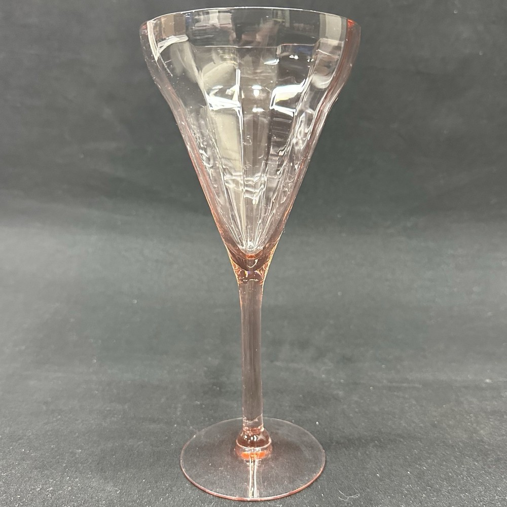Vintage Pink Ribbed Glass Goblet , 7 7/8” Tall, Depression Glass / Art Deco