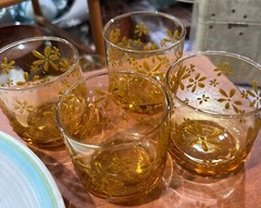 Vintage retro MCM Gold Bouquet flowered rocks old fashioned glasses set of 4