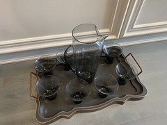 RARE Vintage Morgantown Normandie Smoke Glass Martini Pitcher & 8 Glass Set