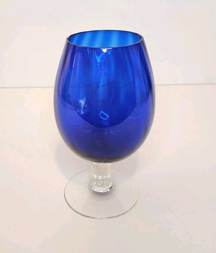 Empoli Style Brandy Snifter Goblet Cobalt Blue With Etched Clear Stem
