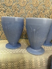 5 Depression Delphite Blue Cherry Blossom Jeannette 9 Oz Footed Tumbler Exc Cond