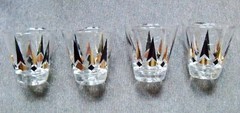 Atomic Era Midcentury Modern Black / Gold Pattern Small Glass Juice Tumblers (4)