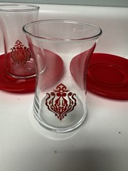 Vintage PASABAHCE Turkish Red Scroll Design Glass Tea Cup & Saucer, Set Of 4