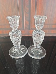 Lausitzer Glass 24% Lead Crystal Taper Candlestick Holders Pinwheel Star Germany