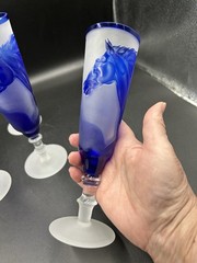 VTG Cameo Glass Horse Champagne Flutes 5 Pc Blue Frosted Hand Carved Equestrian