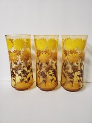 Vintage Libbey Amber Tumblers Yellow Brown Flowers Set of 3