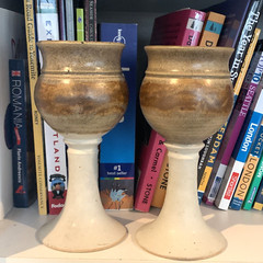 Vintage Studio Pottery Wine Goblets Studio Signed JT 78 Brown Beige Shimmer