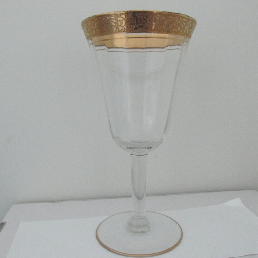 Stunning Tiffin WATER GOBLET MINTON CLEAR STEM OPTIC Decorative Gold Rimmed