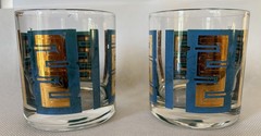 A pair MCM Lowball Glasses with Blue & Green Meander pattern