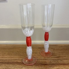 White & Coral Confetti Hand Blown Glass Champagne Glasses (2) Art Glass 9.25”