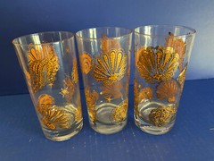 Set of 3 Vintage Libbey Nautical Shell Theme Glasses Textured Gold