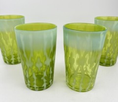 Antique Green Vaseline Glass Tumblers Set 4 Opaline Opalescent Brocade Fern Rare