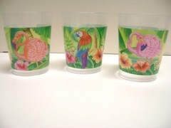 4 1/4″ tall PINK FLAMINGO, Parrot+ Macau Plastic Drinking Cups/Glasses Set of 3