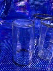 Lot of 5 Clear Glass Tumblers Water Glasses with Silver Rim Mid Century Modern