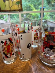 Vintage MCM Glass Tumblers With Playing Card Designs With Joker Cup