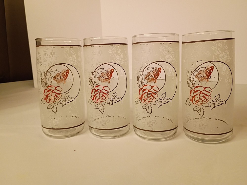 4Vintage Anchor Hocking Roses And Butterflies With An Asian Saying