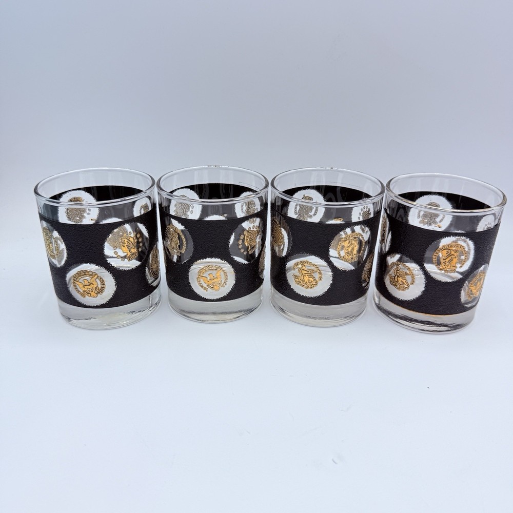 Vtg Libbey Textured Black Gold Coin Rocks Whiskey Glasses MCM Lot of 4 60s 70s