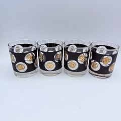 Vtg Libbey Textured Black Gold Coin Rocks Whiskey Glasses MCM Lot of 4 60s 70s