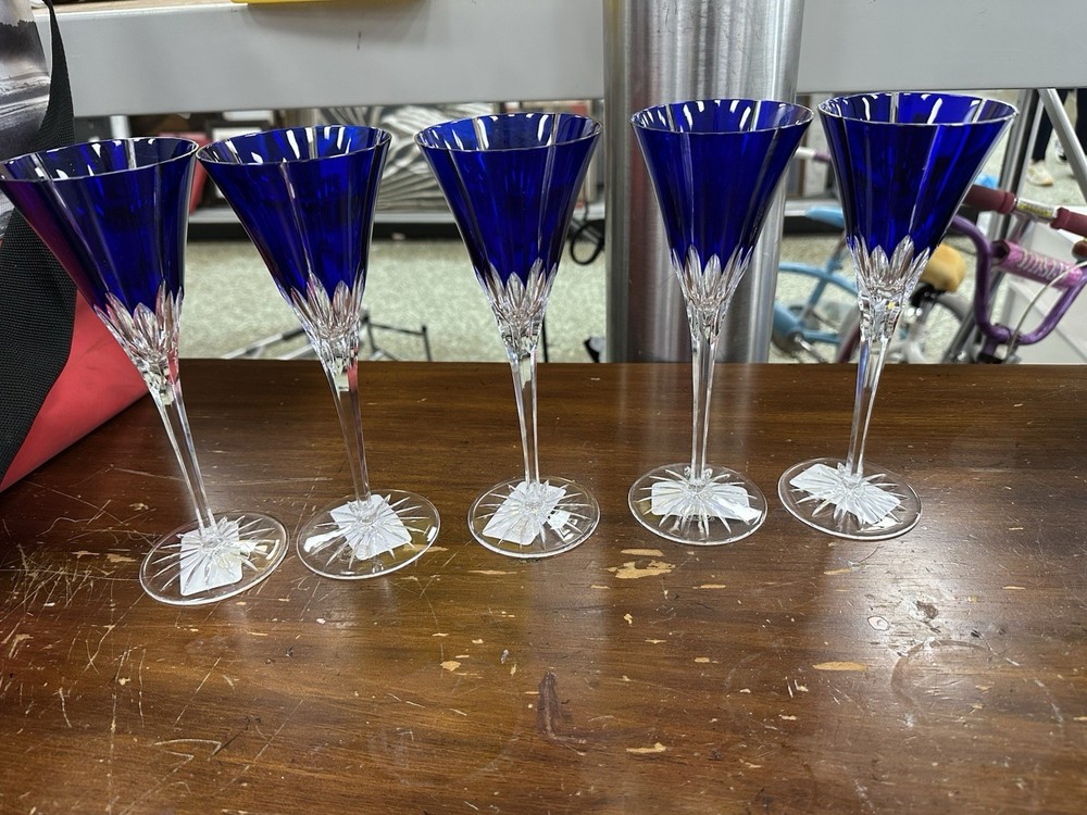 5 piece Vintage Ajka Wine Cobalt BLUE Lead Crystal Wine Glasses 8-3/4″
