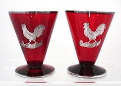 Pair of Elegant Depression Red Blown Glass Silver Overlay Footed Tumblers