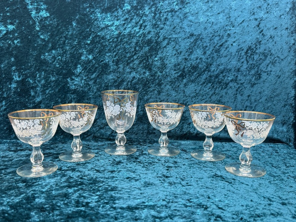 Libbey Rose Goblet Gold Bow & Rim White Frosted Floral set of 6 vintage