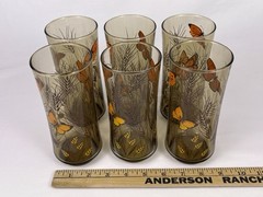 VTG Libbey Tawny Garden Party Tumblers Set of 10 Butterfly Wheat Amber Glass