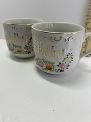 Vintage Gray Porcelain Mother Father Floral Cups Mugs Set Of 2 Unmarked Gold