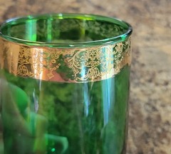 5 VTG Anchor Hocking Forest Green Glass tumbler Gold Filigree Rim Highball 10 oz
