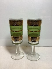MT1099 Set Of 2 Small Vintage MCM Culver Starlyte Cordial Glasses Gold & Green