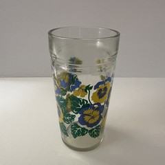Vintage MCM Anchor Hocking Blue & Yellow Pansy Jelly Jar Tumbler Glass 6” H