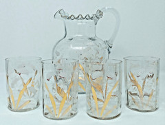 Pitcher & Drinking set of 4 Glasses Blown Hand Painted Enamel Etched antique