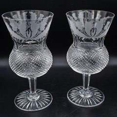 READ – Edinburgh Crystal Thistle Water Goblet Glasses SIGNED 6 1/2″ – Pair