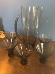 RARE Vintage Morgantown Normandie Smoke Glass Martini Pitcher & 8 Glass Set