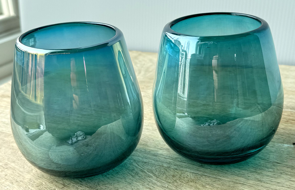 Handblown Stemless Wine Glass Pair 4″/10cm Tall Blue Teal Aquamarine