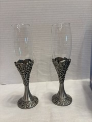Set of 2 Pewter Grape & Vine Glass Champagne Flutes 9” H