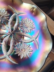 Pretty Dugan Purple Carnival Glass Four Flowers Two Sides Up Banana Bowl