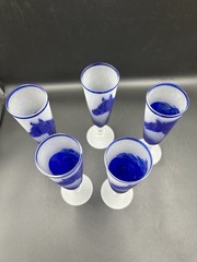 VTG Cameo Glass Horse Champagne Flutes 5 Pc Blue Frosted Hand Carved Equestrian