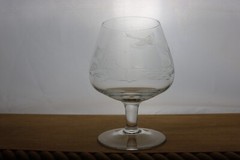 4 Brandy Glasses Etched Wild Life Deer Stag Doe Birds Pheasant Grey Cut Crystal
