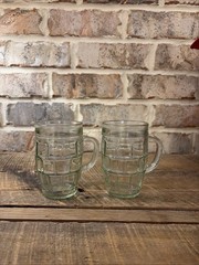 Vintage Federal Glass Barrel Shaped paneled green Drinking Glasses Set Of 2