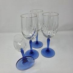 Libbey Crystal Blue Water Wine Goblets Arby’s Drape Optic Blue Stem Gold Trim