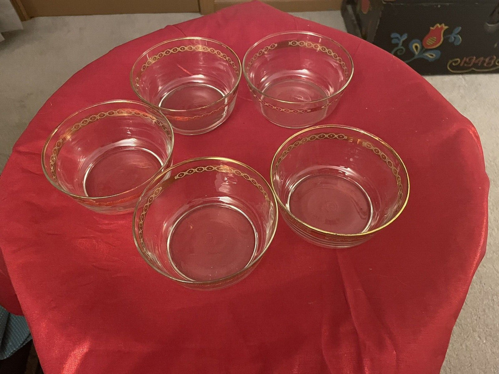 Vintage Libby Gold Rimmed Glass Bowls Cereal Ice Cream Set of (5) 4.5″ x 2-1/4″