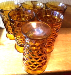 FDW~Indiana Colony Whitehall Amber Cubist Drinking Glasses Set of 2 Vintage
